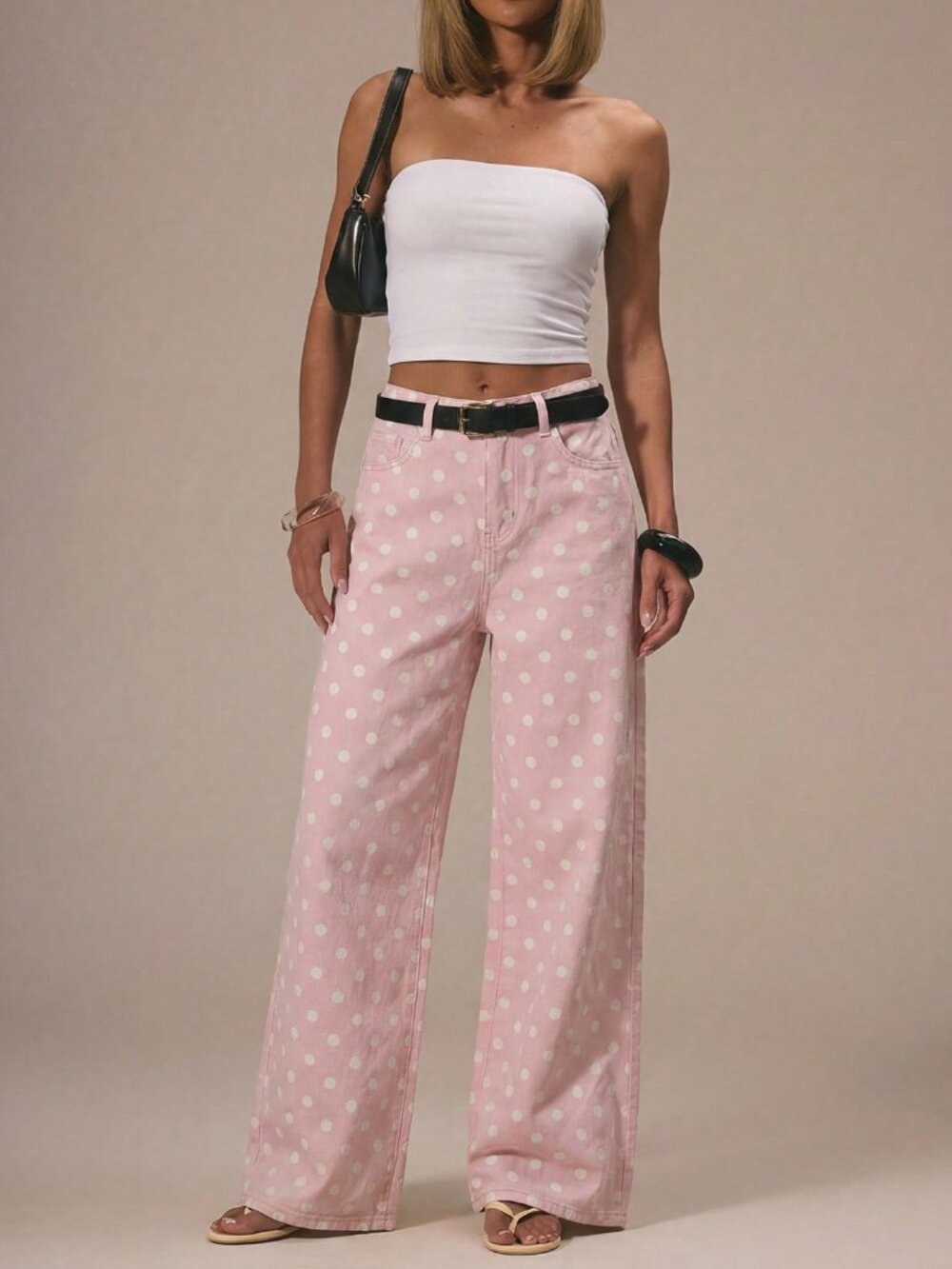 Pink Casual Women's Polka DotDenim Straight Leg Mid Rise Jeans - Picture 3 of 5